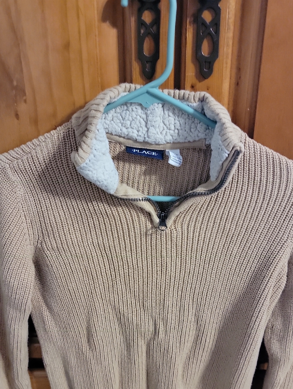 The Children's Place Beige Knit Quarter-Zip Sweater with Sherpa Collar